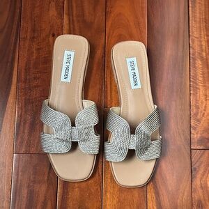 Steve Madden Tan Slide Sandals with Metallic Silver Woven Straps